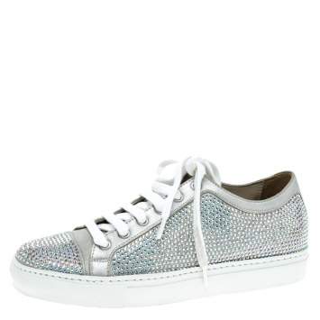 Pre Owned Le Silla Grey Crystal Embellished Suede Lace Up Sneakers Size 36