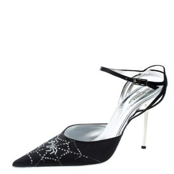Pre Owned Le Silla Black Satin Crystal Embellished Spider Pointed Toe Sandals Size 39