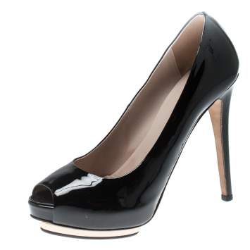 Pre Owned Le Silla Black Patent Leather Peep Toe Platform Pumps Size 38