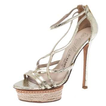 Pre Owned Le Silla Metallic Gold Python Embossed Leather Strappy Platform Sandals Size 36