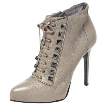 Pre Owned Le Silla Olive Green Leather Studded Pointed Toe Lace Up Ankle Booties Size 38