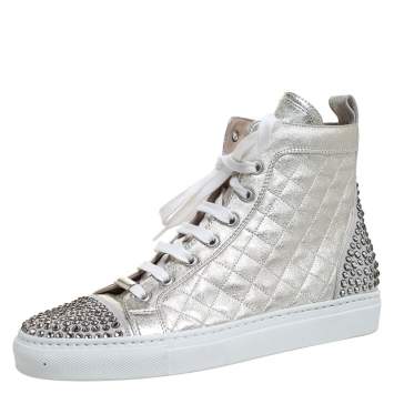 Pre Owned Le Silla Pearl Metallic White Quilted Leather and Suede Crystal Embellished Lace High Top Sneakers Size 36