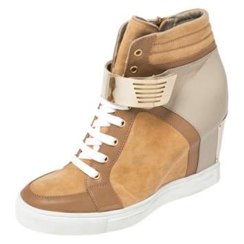 Pre Owned Le Silla Brown/Grey Leather In Chipow High Top Wedge Sneakers Size 40