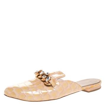 Le Silla Cream Crocodile Effect Patent Leather Crystal Embellished Chain Flat Mules Size 37