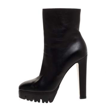 Pre Owned Le Silla Black Leather Mid Calf Square Toe Platform Boots Size 38.5