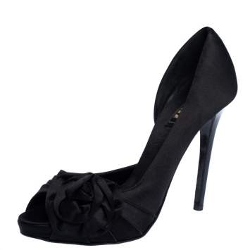 Pre Owned Le Silla Black Satin Bow D'Orsay Peep Toe Pumps Size 37