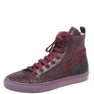 Pre Owned Le Silla Burgundy Crystal Embellished Leather High Top Sneakers Size 38