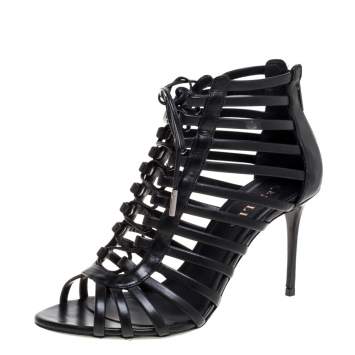 Pre Owned Le Silla Black Leather Cage  Ankle Lace Up Sandals Size 37.5