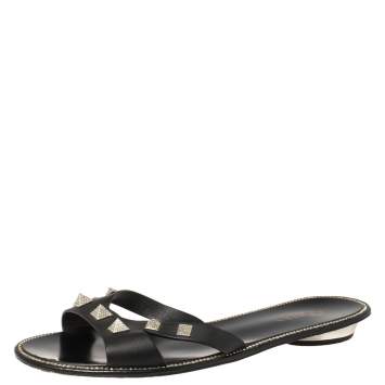 Pre Owned Le Silla Black Leather Studded Flat Slide Sandals Size 40