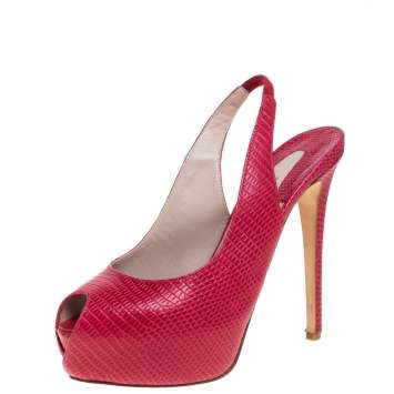 Pre Owned Le Silla Red Lizard Embossed Leather Slingback Platform Sandals Size 39