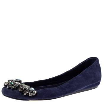 Pre Owned Le Silla Blue Suede Crystal Embellished  Ballet Flats Size 36