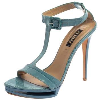 Pre Owned Le Silla Blue Croc Embossed Leather Embossed T-Strap Platform Sandals Size 37
