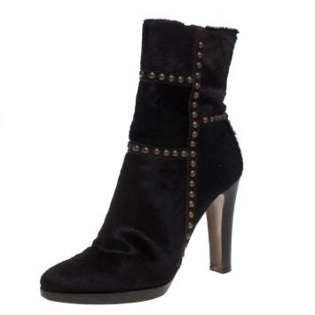 Pre Owned Le Silla Brown Calf Hair Studded Studded Ankle Boots Size 37