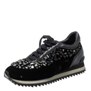 Pre Owned Le Silla Black Velvet and Leather Crystal Embellished Low Top  Sneakers Size 36.5
