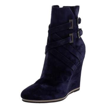 Pre Owned Le Silla Blue Suede Wedge Ankle Boots Size 38.5