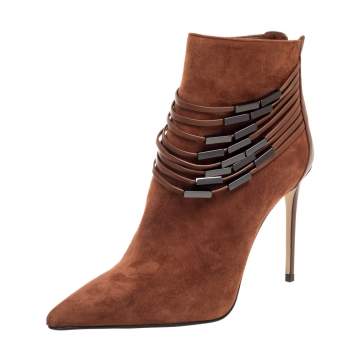 Pre Owned Le Silla Brown Suede Strap Embellished Ankle Booties Size 37.5
