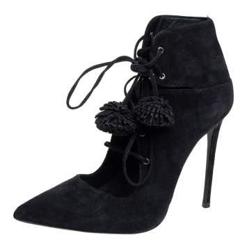 Pre Owned Le Silla Black Suede Lace Up Pointed Toe Ankle Booties Size 36.5
