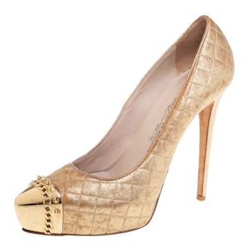 Pre Owned Le Silla Gold Quilted Leather Metal Cap Toe Platform Pumps Size 40