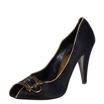 Pre Owned Le Silla Black Satin Buckle Peep-Toe Pumps Size 39