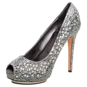 Pre Owned Le Silla Grey Satin Crystal Embellished Peep Toe Platform Pumps Size 37