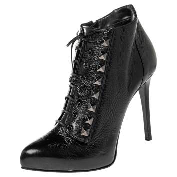 Pre Owned Le Silla Black Patent Leather Studded Ankle Booties Size 38.5