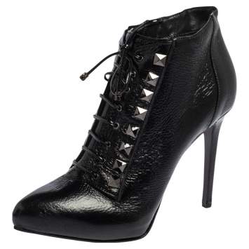 Pre Owned Le Silla Black Crinkled Patent Leather Lace Up Studded Ankle Booties Size 39