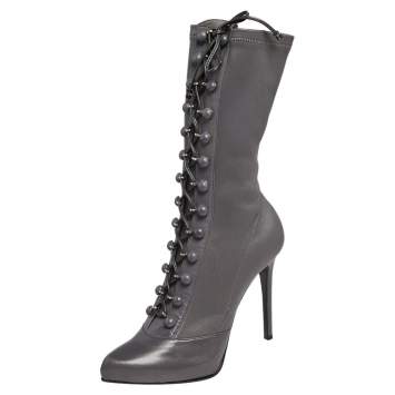 Pre Owned Le Silla Grey Leather Lace Up Mid Calf Boots Size 39