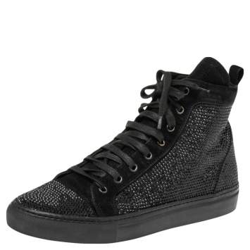 Pre Owned Le Silla Black Suede Crystal Embellished High Top Sneakers Size 39.5