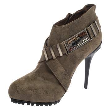 Pre Owned Le Silla Olive Green Leather Platform Ankle Boots Size 39