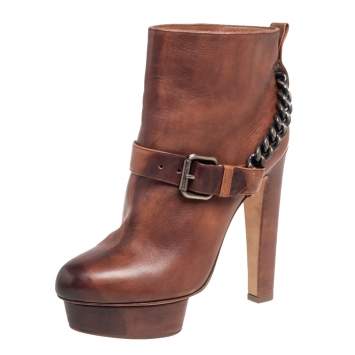 Pre Owned Le Silla Brown Leather Buckle Detail Ankle Boots Size 38