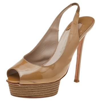 Pre Owned Le Silla Beige Patent Leather Peep Toe Slingback Sandals Size 40