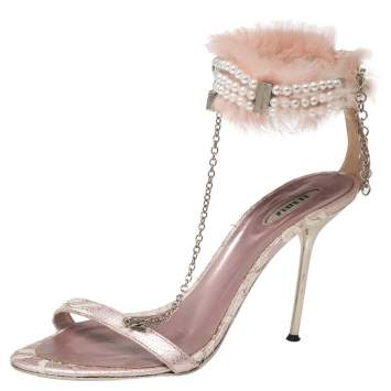 Pre Owned Le Silla Pink Lace and Pearl Chain Embellished Fur T-Strap Sandals Size 37