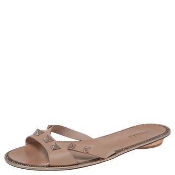 Pre Owned Le Silla Beige Leather Studded Flat Slide Sandals Size 40