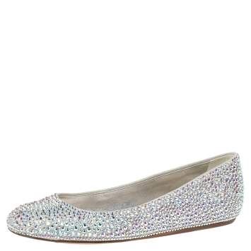 Pre Owned Le Silla Grey Satin Crystal Embellished Ballet Flats Size 37.5
