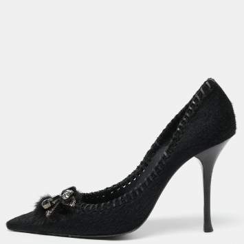 Pre Owned Le Silla Black Calf Hair Crystal Embellished Pointed Toe Pumps Size 38