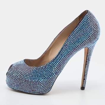 Pre Owned Le Silla Metallic Crystal Embellished Leather Peep Toe Platform Pumps Size 38