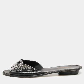 Pre Owned Le Silla Black Snakeskin Embossed and Leather Butterfly Embellished Slide Sandals Size 37