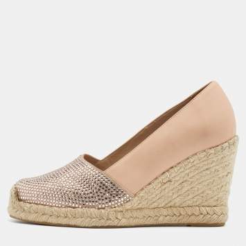 Pre Owned Le Silla Nude Leather Crystal Embellished Wedge Espadrilles Pumps Size 38