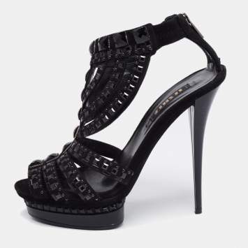 Pre Owned Le Silla Black Suede T Strap Embellished Platform Sandals Size 36.5
