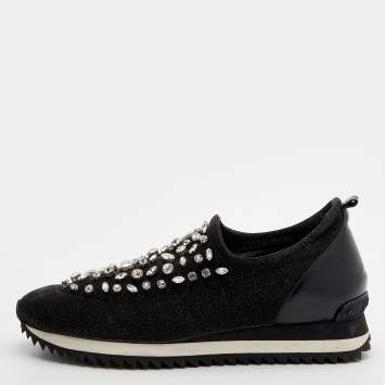 Pre Owned Le Silla Black Lurex Fabric And Leather Crystal Embellished Slip On Sneakers Size 40