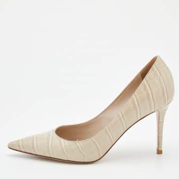 Pre Owned Le Silla Off-White Croc Embossed Leather Eva Pointed Toe Pumps Size 36