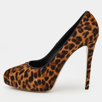 Pre Owned Le Silla Brown Leopard Print Calf Hair Platform Pumps Size 38