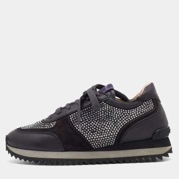 Pre Owned Le Silla Dark Grey Suede And Leather Crystal Embellished Low Top Sneakers Size 36