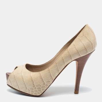 Pre Owned Le Silla Cream Croc Embossed Leather Peep Toe Pumps Size 36.5