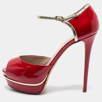 Pre Owned Le Silla Red Patent Leather Peep Toe Platform Ankle Strap Sandals Size 41