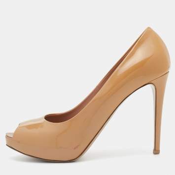 Pre Owned Le Silla Beige Patent Leather Gabry Peep Toe Pumps Size 38.5