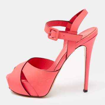 Pre Owned Le Silla Neon Pink Leather Platform Ankle Strap Sandals Size 37.5
