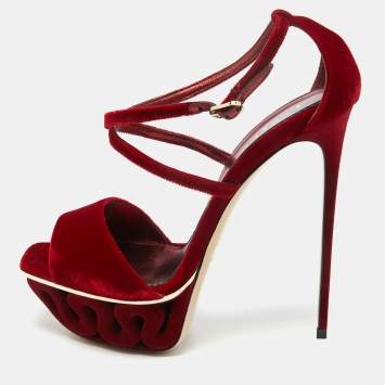 Pre Owned Le Silla Red Velvet Ankle Strap Platform Sandals Size 40