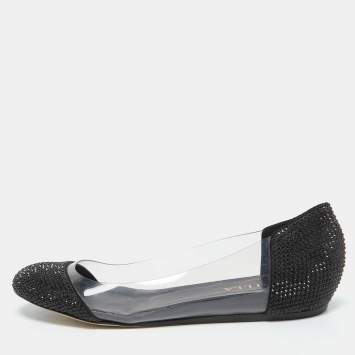 Pre Owned Le Silla Black Crystal Embellished Leather and PVC Ballet Flats Size 38.5