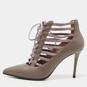 Pre Owned Le Silla Grey Leather Caged Lace Up Ankle Boots Size 35